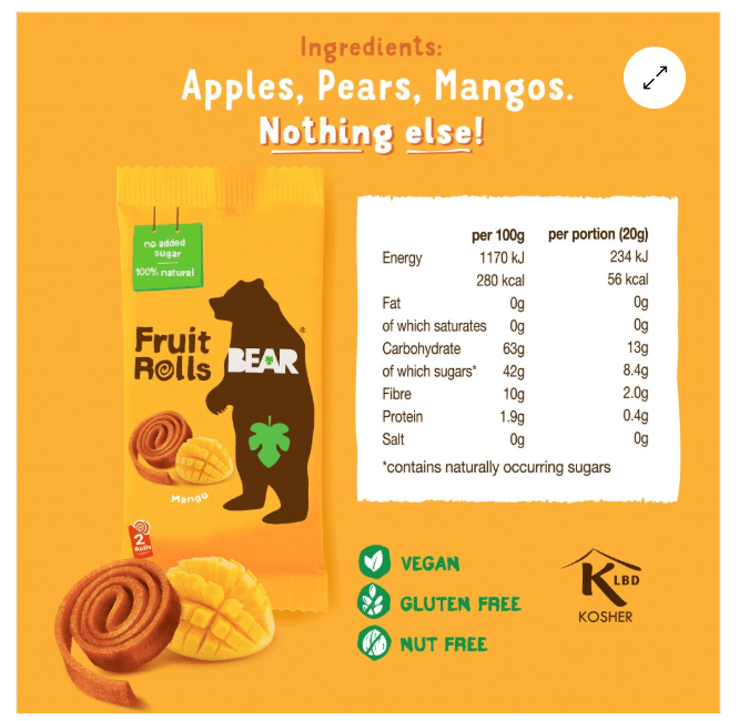 Bear Fruit Rolls - Mango (pack of 18) - Pink Dahlia